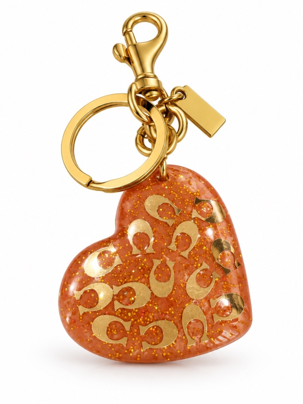 Coach Orange Glitter Heart Keychain with Gold Hardware